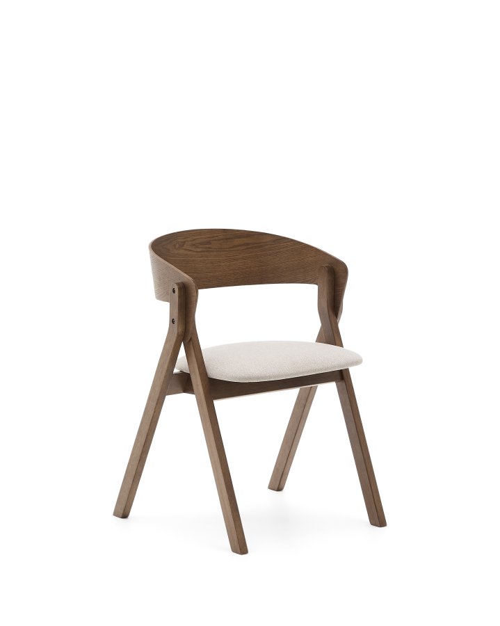 KAVE HOME Godia spisestuestol, med armlener - beige chenillestoff og askefiner med wengefinish