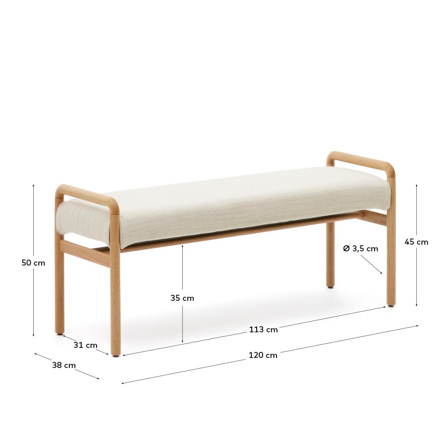 KAVE HOME Macaret-benk med avtakbart trekk heltre eik med naturlig finish 120 cm FSC Mix Credi
