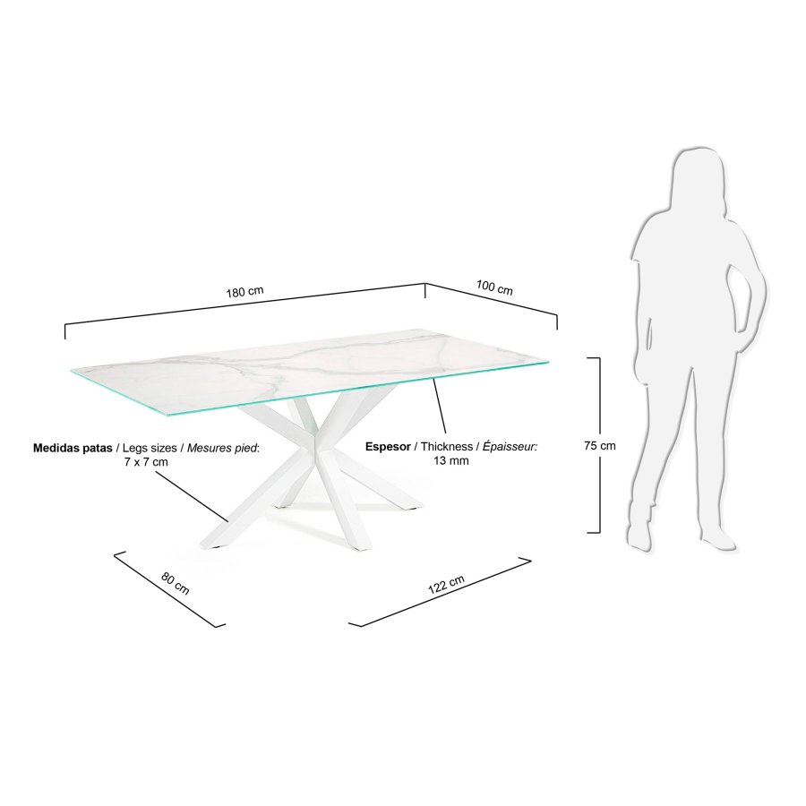 KAVE HOME Argo spisebord, rektangulrt - hvitt porselen og hvitt stl (180x100)