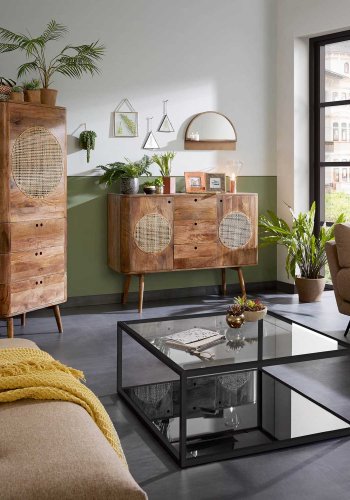 KAVE HOME Greenhill salongbord, med hylle - klart glass og sort stl (80x80)