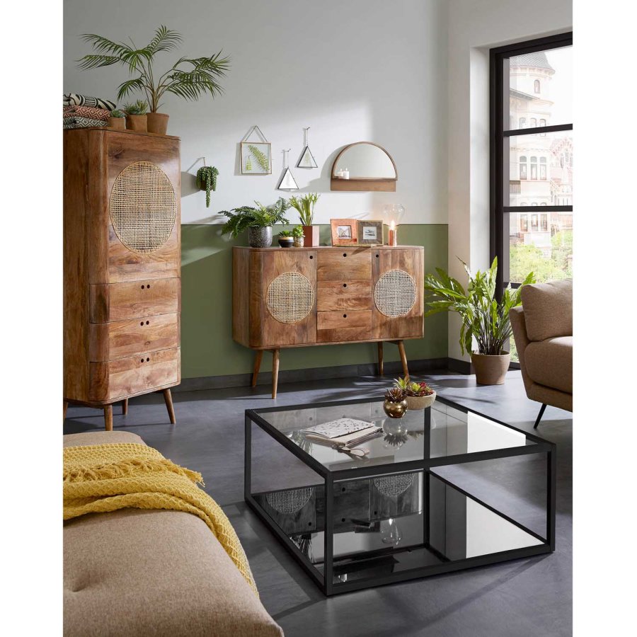 KAVE HOME Greenhill salongbord, med hylle - klart glass og sort stl (80x80)