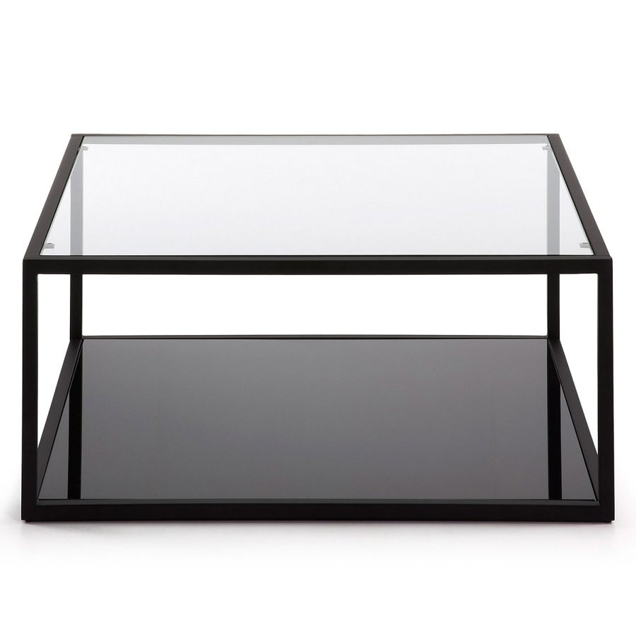 KAVE HOME Greenhill salongbord, med hylle - klart glass og sort stl (80x80)