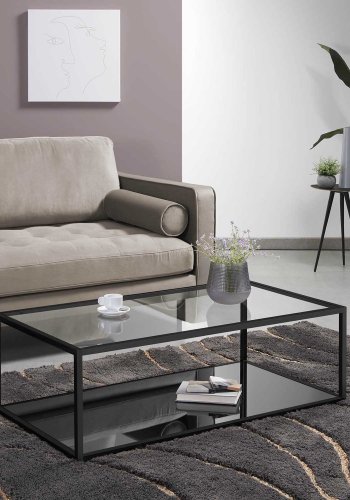 KAVE HOME Greenhill sofabord, m. hylde - klar glas og sort stl (110x60)