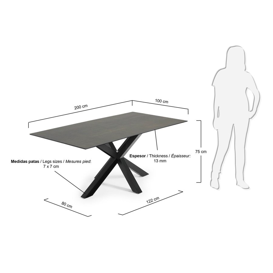 KAVE HOME Arya spisebord - jernmose keramikk og svart stl (200x100)