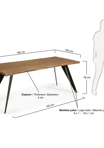 KAVE HOME Koda bord i eikefiner med slitt overflate og svarte stlben, 180 x 100 cm