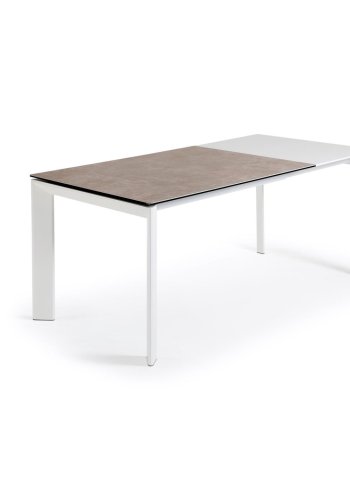 KAVE HOME Axis Esstisch, mit Schmetterlingstischplatte – Vulcano Ceniza Porzellan und weißer Stahl (120(180)