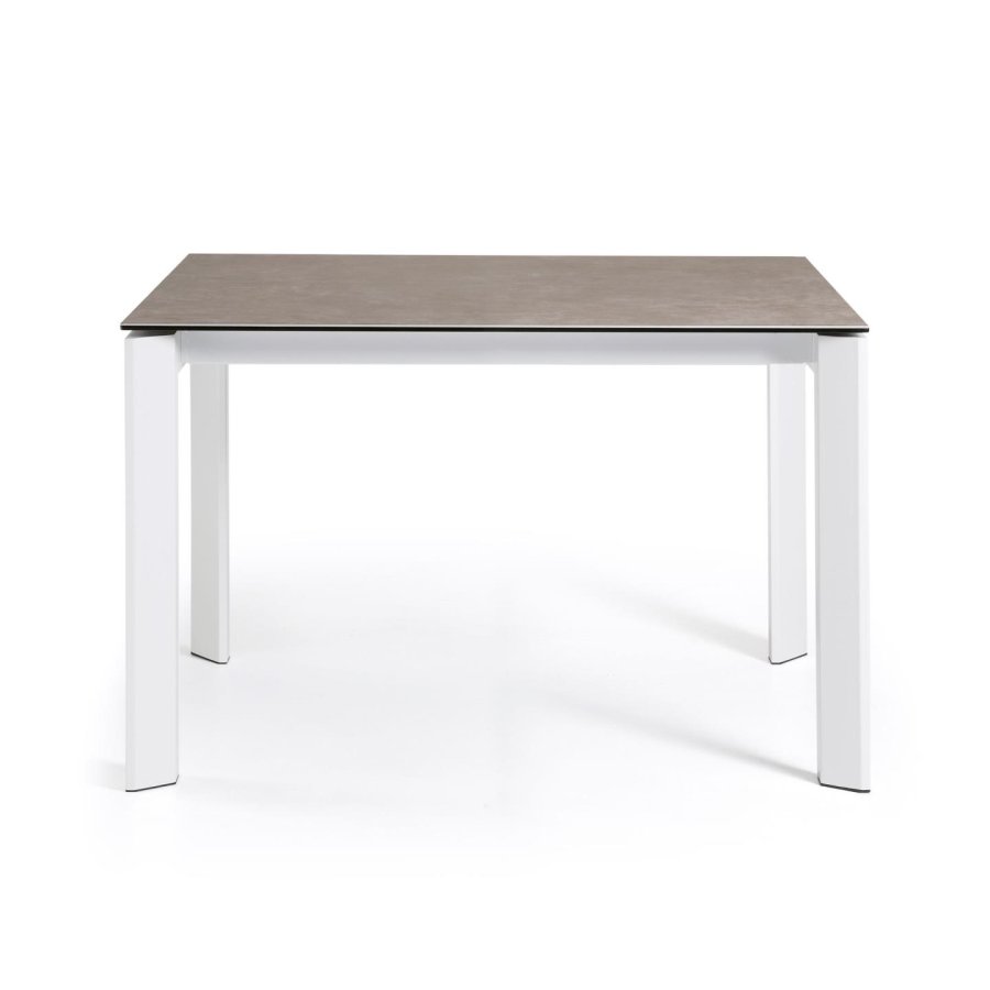 KAVE HOME Axis Esstisch, mit Schmetterlingstischplatte – Vulcano Ceniza Porzellan und weißer Stahl (120(180)