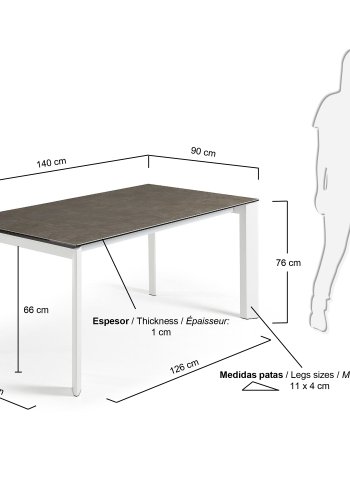 KAVE HOME Axis uttrekkbart porselensbord i vulkanask-finish med hvite stlben 140 (200) cm