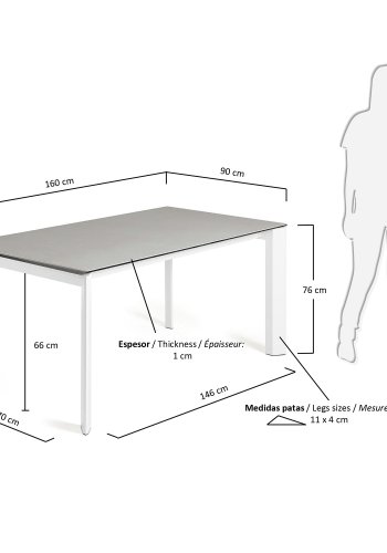 KAVE HOME Axis uttrekkbart porselensbord i Hydra Lead-finish med hvite ben 160 (220) cm