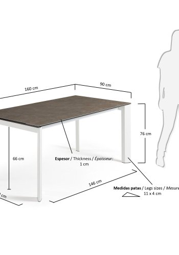  KAVE HOME Axis spisebord, m. butterflybordplade - Vulcano Ceniza porceln og hvid stl (160(220)