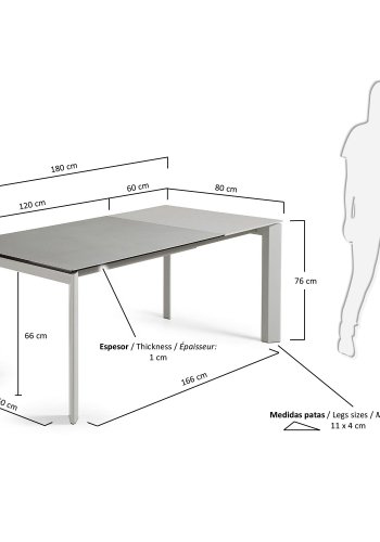 KAVE HOME Axis Esstisch, mit Schmetterlingstischplatte - Hydra Plomo Porzellan und grauer Stahl (120(180)