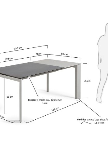 KAVE HOME Axis uttrekkbart porselensbord i Volcano Rock-finish med gr stlben 120 (180) cm