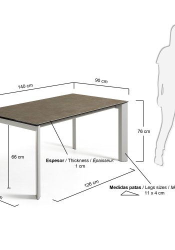 KAVE HOME Axis uttrekkbart porselensbord i vulkanask-finish med gr stlben 140 (200) cm