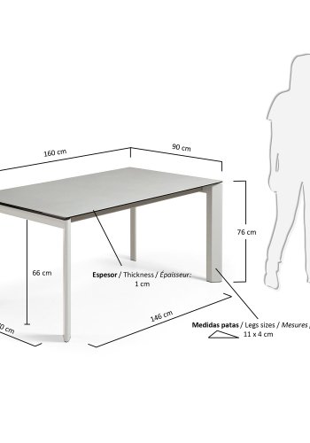 KAVE HOME Axis uttrekkbart porselensbord i Hydra Lead-finish med gr ben 160 (220) cm