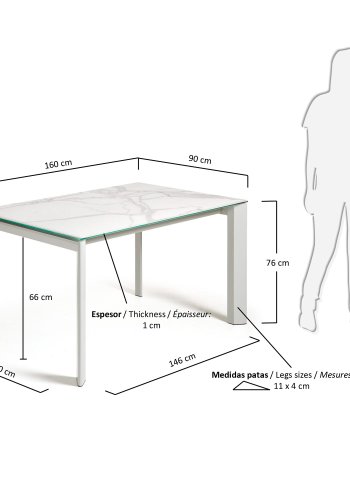 KAVE HOME Axis uttrekkbart porselensbord i hvit Kalos-finish med gr ben 160 (220) cm