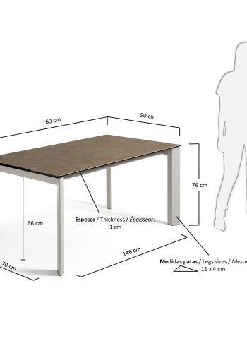 KAVE HOME Axis Esstisch, mit Schmetterlingstischplatte - Vulcano Ceniza Porzellan und grauer Stahl (160(220)
