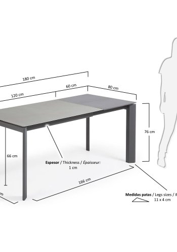 KAVE HOME Axis Esstisch, mit Butterfly-Tischplatte - Hydra Plomo Porzellan/anthrazitgrauer Stahl (120(180)