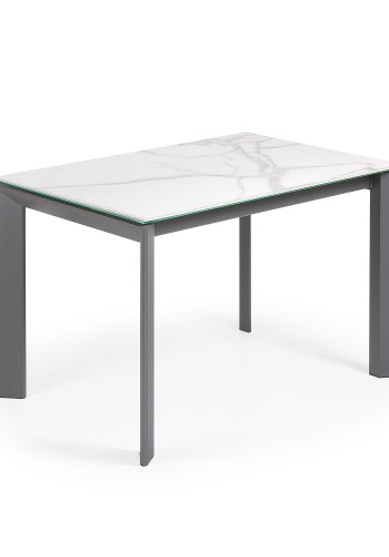 KAVE HOME Axis uttrekkbart porselensbord med Kalos Blanco-finish og mrkegr ben, 120 (180) cm