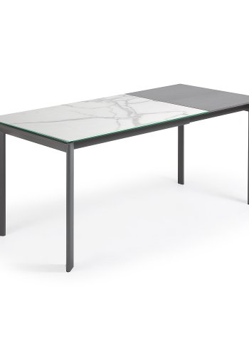 KAVE HOME Axis uttrekkbart porselensbord med Kalos Blanco-finish og mrkegr ben, 120 (180) cm