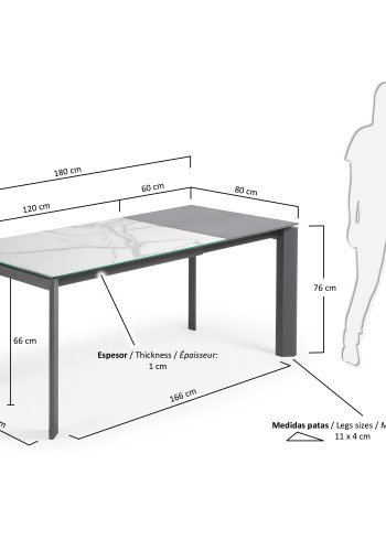 KAVE HOME Axis uttrekkbart porselensbord med Kalos Blanco-finish og mrkegr ben, 120 (180) cm