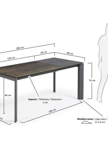 KAVE HOME Axis uttrekkbart porselensbord i Iron Moss-finish med antrasitt stlben 120 (180) cm