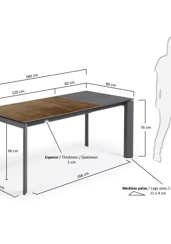 KAVE HOME Axis uttrekkbart porselensbord med Iron Corten-finish og mrkegr ben, 120 (180) cm