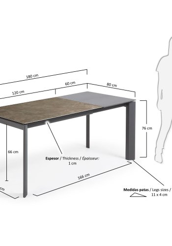 KAVE HOME Axis uttrekkbart keramikkbord i Vulcano Ceniza-finish, antrasitt stlben 120 (180) cm