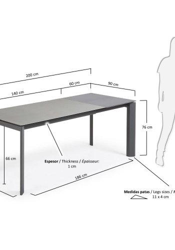 KAVE HOME Axis uttrekkbart porselensbord i Hydra Lead-finish med antrasitt stlben 140 (200) cm