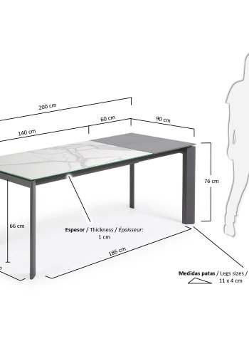 KAVE HOME Axis uttrekkbart porselensbord med Kalos Blanco-finish og mrkegr stlben, 140 (200)