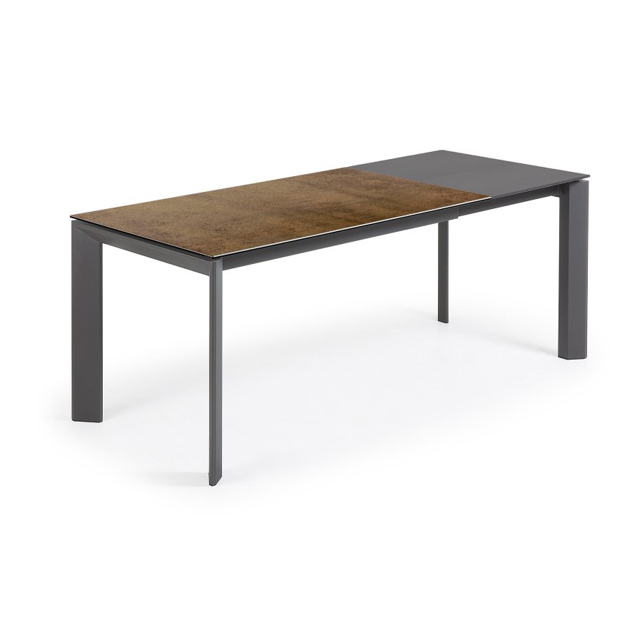 KAVE HOME Axis uttrekkbart porselensbord med Iron Corten-finish og mrkegr stlben, 140 (200