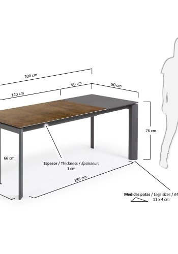 KAVE HOME Axis uttrekkbart porselensbord med Iron Corten-finish og mrkegr stlben, 140 (200
