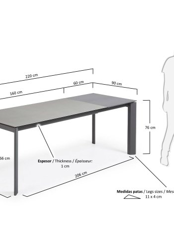 KAVE HOME Axis uttrekkbart porselensbord i Hydra Lead-finish med antrasittfargede ben 160 (220) cm