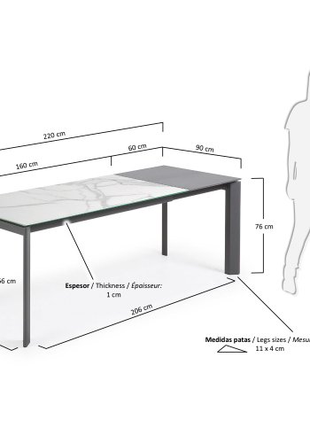 KAVE HOME Axis uttrekkbart porselensbord i hvit Kalos-finish med antrasittfargede ben 160 (220) cm