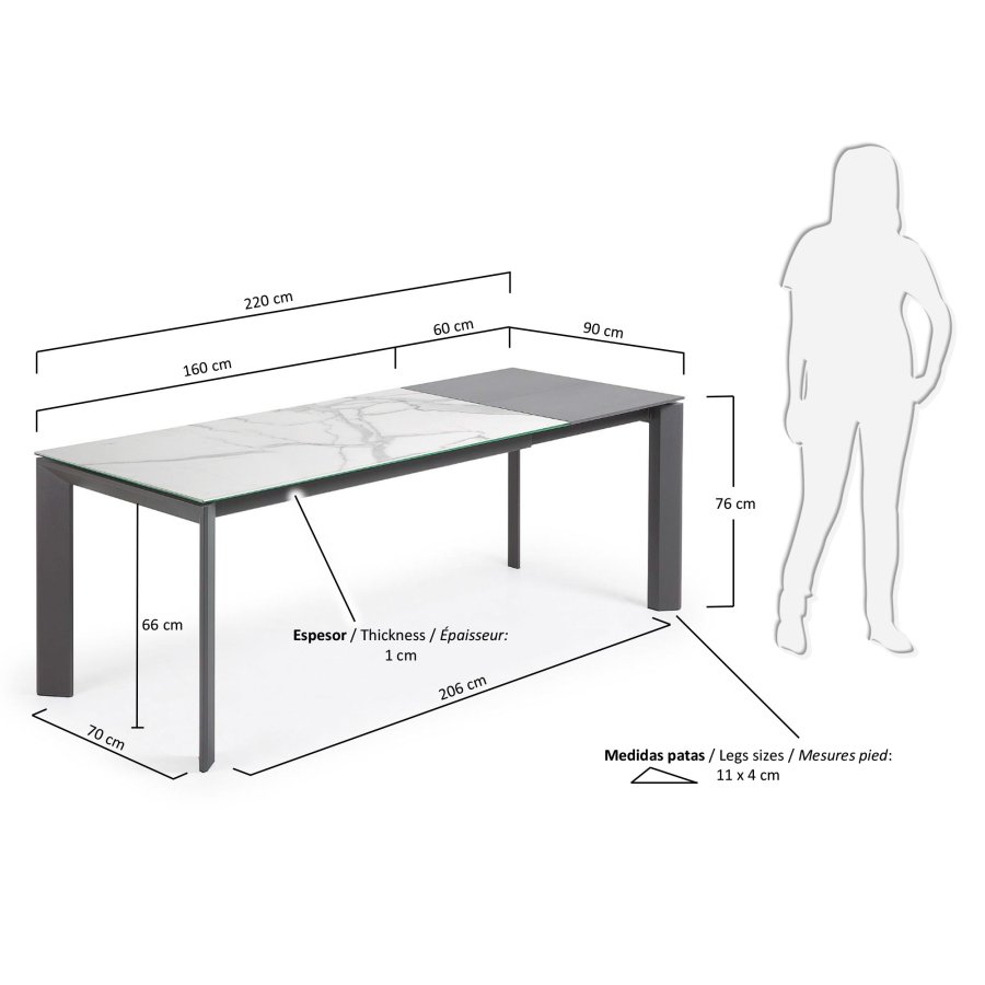 KAVE HOME Axis uttrekkbart porselensbord i hvit Kalos-finish med antrasittfargede ben 160 (220) cm