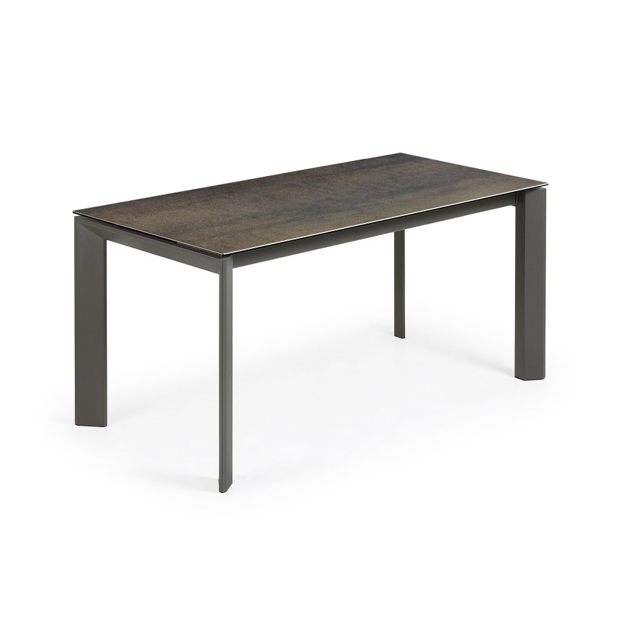 KAVE HOME Axis uttrekkbart porselensbord med Iron Moss-finish og svarte stlben, 160 (220) cm