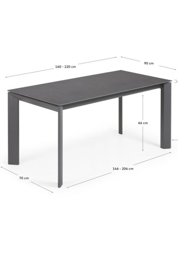 KAVE HOME Axis uttrekkbart porselensbord med Iron Moss-finish og svarte stlben, 160 (220) cm