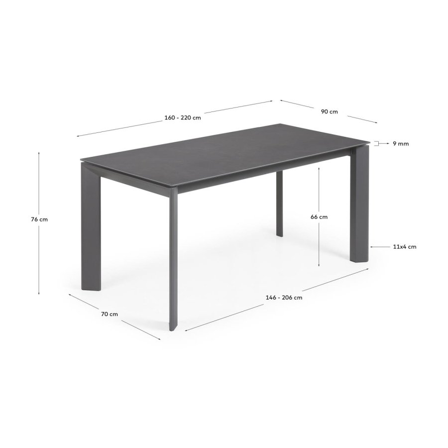 KAVE HOME Axis uttrekkbart porselensbord med Iron Moss-finish og svarte stlben, 160 (220) cm