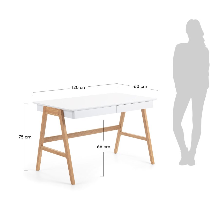 KAVE HOME Ingo skrivebord - hvit/naturlig MDF/eik, m. 2 skuffer