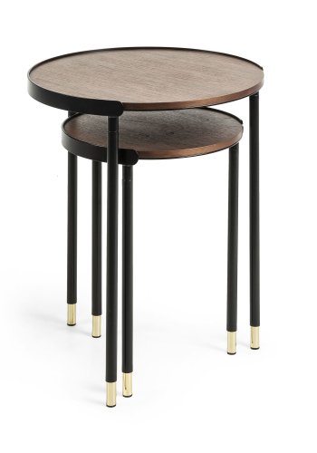 KAVE HOME Aliner sidebord - brun/svart valnttfinish/metall, rundt (sett med 2)