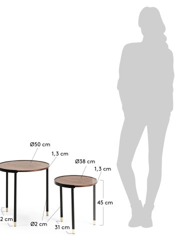 KAVE HOME Aliner sidebord - brun/svart valnttfinish/metall, rundt (sett med 2)