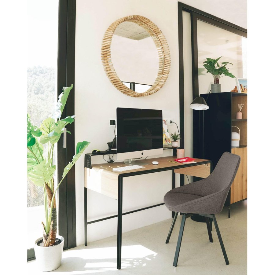 KAVE HOME Haston spisestol med armlener - mrkegrtt stoff og metall med kryssfiner