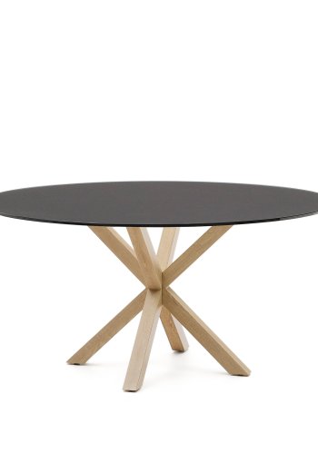 KAVE HOME Argo rundt bord i frostet svart glass og stlben med treeffekt, 150 cm