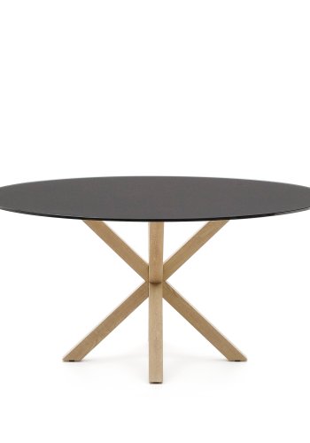 KAVE HOME Argo rundt bord i frostet svart glass og stlben med treeffekt, 150 cm