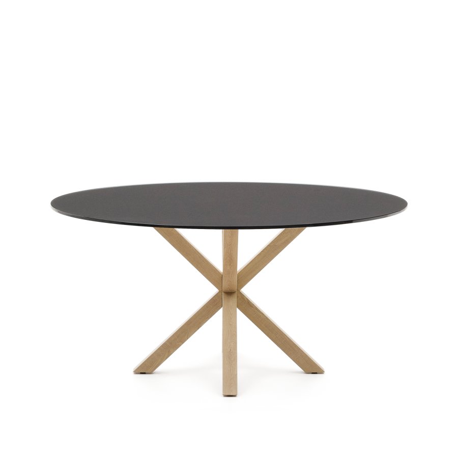 KAVE HOME Argo rundt bord i frostet svart glass og stlben med treeffekt, 150 cm