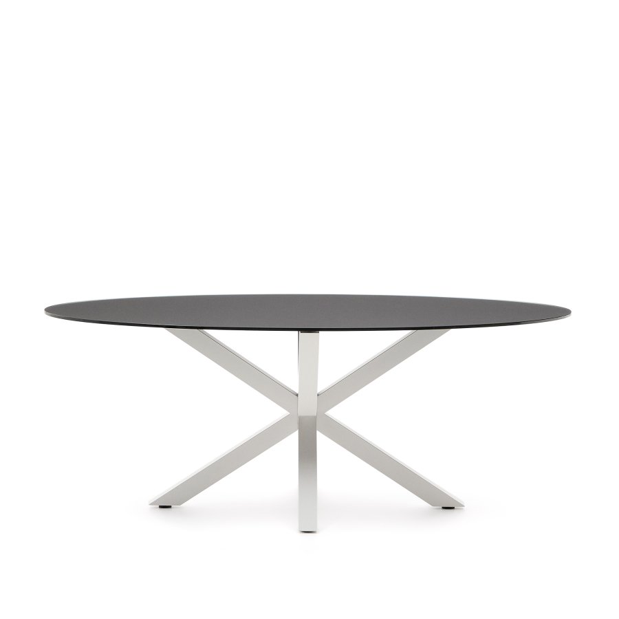 KAVE HOME Argo ovalt bord i matt svart glass og stlben med hvit finish 200 x 100 cm