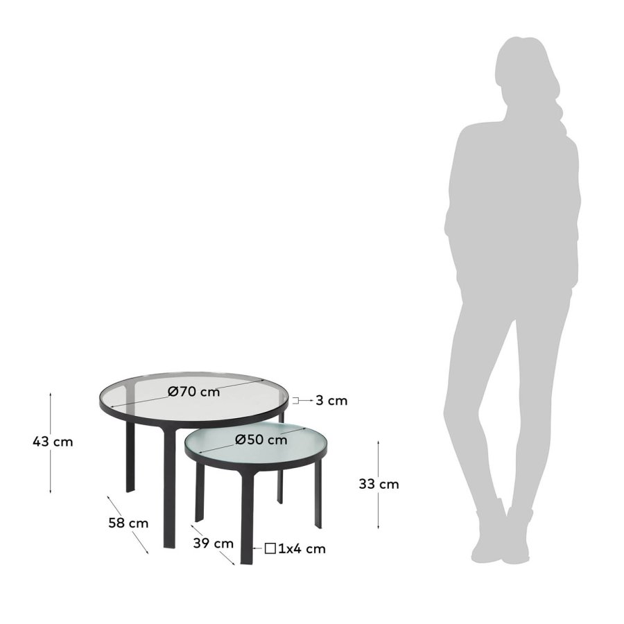 KAVE HOME Oni innsatsbord, runde - sort stl og klart/strukturert glass (sett m. 2)