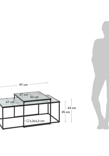 KAVE HOME Akemi Soffbord, Fyrkantigt - Svart Stl och Klart / Strukturerat Glas (Set om 2)