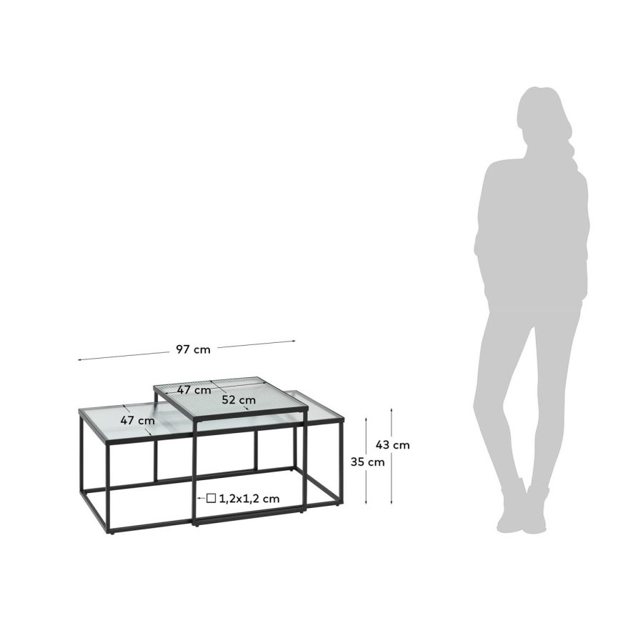 KAVE HOME Akemi Soffbord, Fyrkantigt - Svart Stl och Klart / Strukturerat Glas (Set om 2)