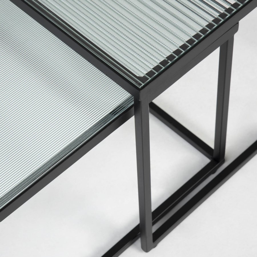 KAVE HOME Akemi Soffbord, Fyrkantigt - Svart Stl och Klart / Strukturerat Glas (Set om 2)