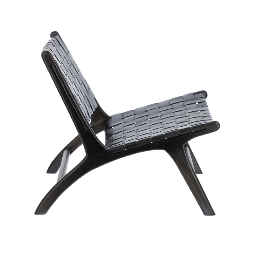 KAVE HOME Calixta lenestol, uten armlener - svart hndvevd skinn og svart mahognitre 